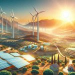 Generate a realistic high-definition image that portrays the progression of sustainable energy innovations in Cyprus. Show a landscape featuring vivid elements such as solar panels under the bright Mediterranean sun and wind turbines dotting the mountainous terrains, accompanied by clean and green spaces denoting local conservation efforts.