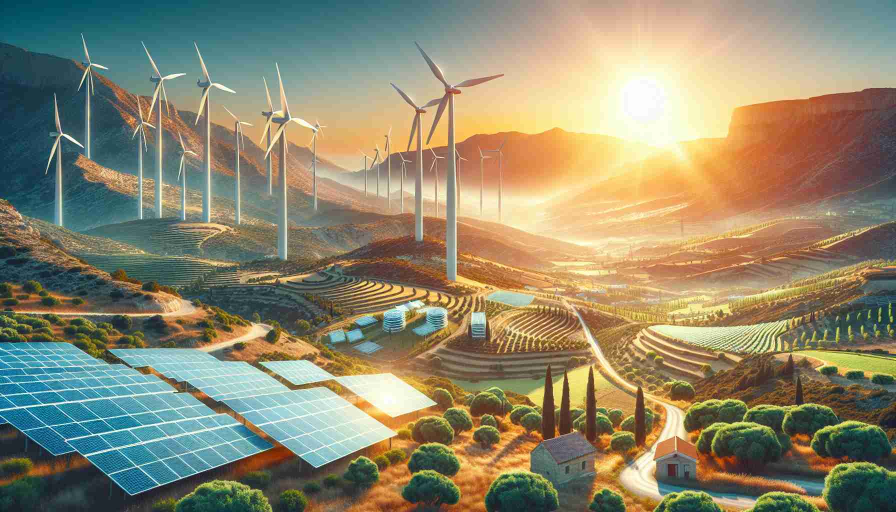 Generate a realistic high-definition image that portrays the progression of sustainable energy innovations in Cyprus. Show a landscape featuring vivid elements such as solar panels under the bright Mediterranean sun and wind turbines dotting the mountainous terrains, accompanied by clean and green spaces denoting local conservation efforts.