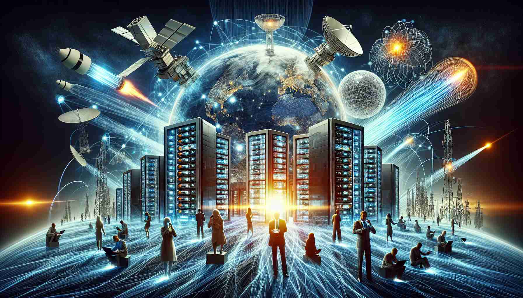 A high-definition, hyperrealistic image that captures the essence of a global communication infrastructure revolution. This could include various elements such as advanced satellite systems, ultra-modern data centers pulsating with energy, undersea fiber-optic cables, lightning-fast wireless network signals signified by dynamic lines and pulses, and people from different descents and genders using futuristic communication devices which symbolize global connectedness. The overall mood of the scene should portray a leap forward in technology, making communication seamless and instantaneous across borders.