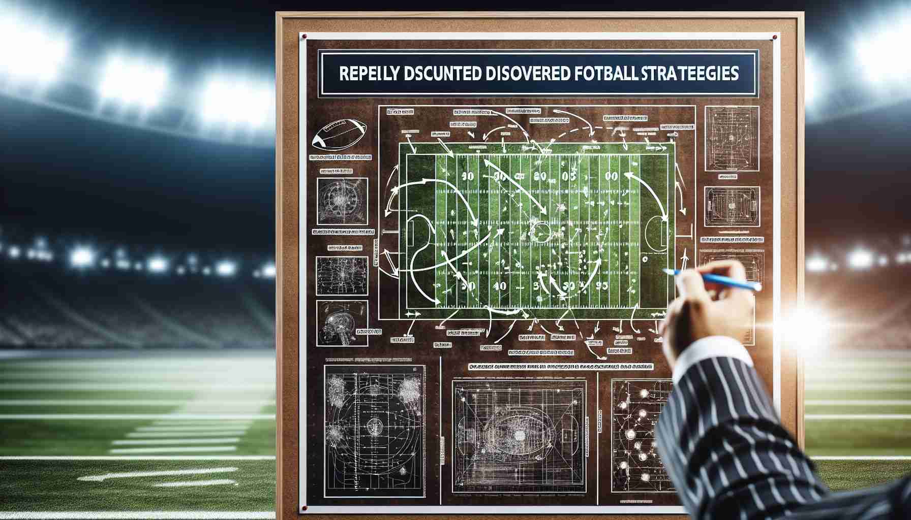 A detailed and high-definition picture displaying a bulletin board with diagrams and charts narrating the recently discovered football strategies. The scene includes complex arrows and lines on a large paper to represent the movement of players on the field and detailed explanations in text. The view should be arranged against a blurred background of a football field to imbibe a sports environment.