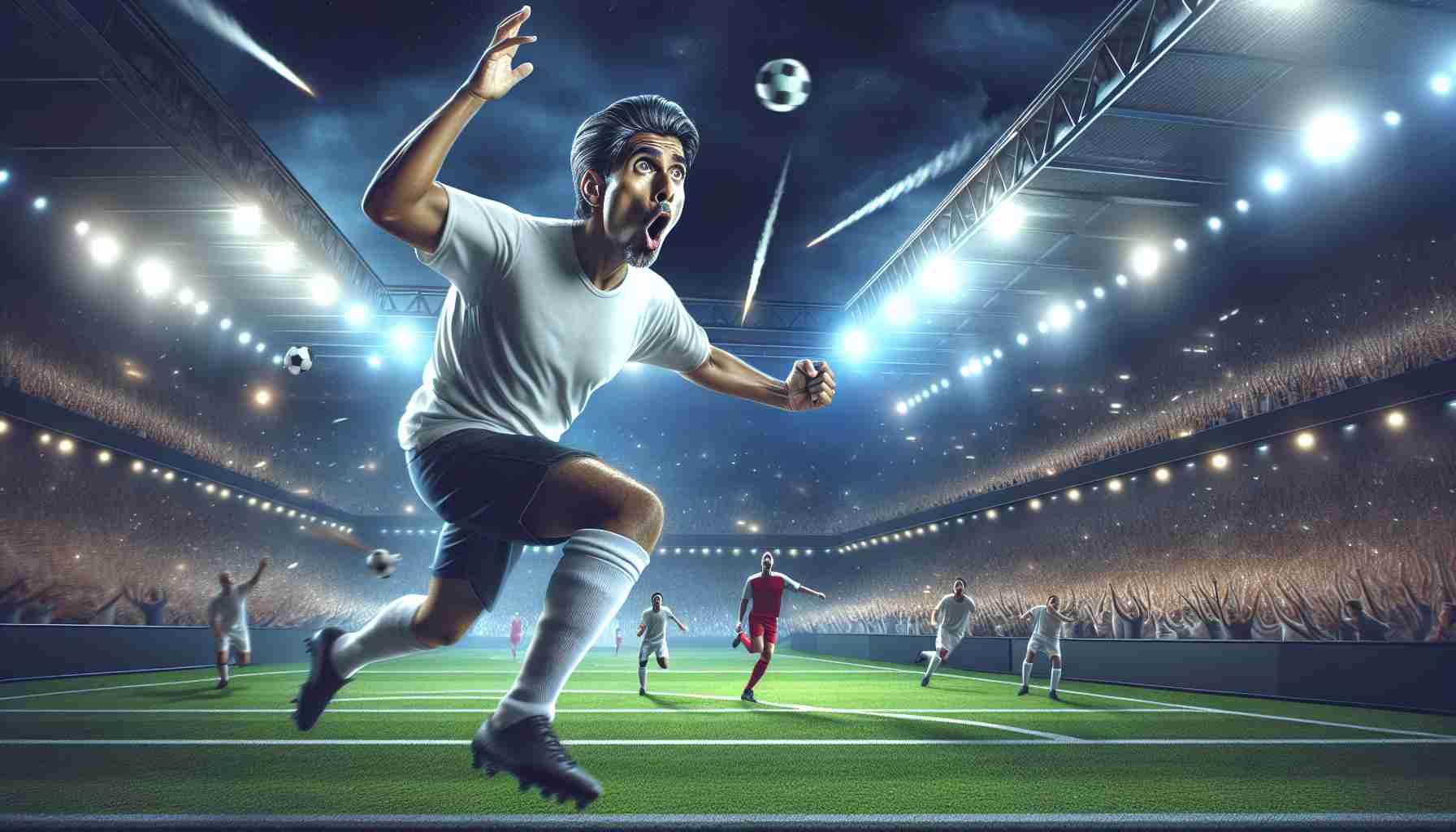 Create a high-definition, realistic picture representing a shocking turn of events in a soccer league. The focus should be on an unexpected star player who has ascended to prominence. This individual, a middle-aged South Asian man known for his unparalleled footwork, is now taking centre stage. The image should capture the intensity and surprise of this development within the context of a soccer game, including detailed visuals of the stadium overflowing with spectators, the brightly lit field, and other players looking on in astonishment.