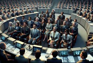 A highly detailed, photorealistic image of a satellite licensing debate. It depicts a group of people from different descents gender-balanced: There are Caucasian, Hispanic, Middle-Eastern, Black, South-Asian, and White representation sitting in an organized assembly. They wear formal attire representing telecom giants. Their expressions show determination and unity, signifying their association for fair play in the satellite licensing process. They're surrounded by technical equipment and documents, hints at the seriousness of the situation. This scene encapsulates the complex dynamics between power, policy, and technology.