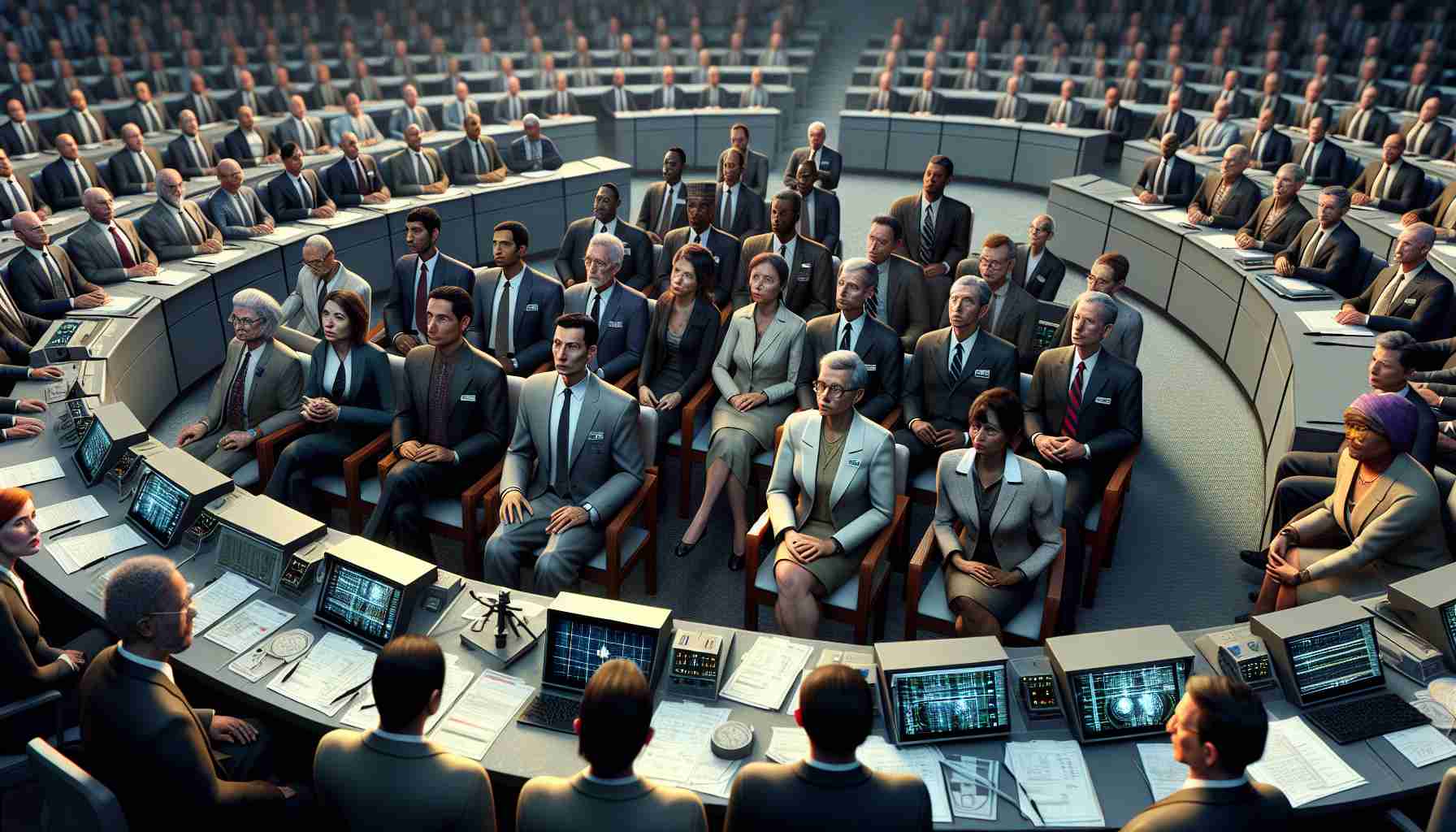 A highly detailed, photorealistic image of a satellite licensing debate. It depicts a group of people from different descents gender-balanced: There are Caucasian, Hispanic, Middle-Eastern, Black, South-Asian, and White representation sitting in an organized assembly. They wear formal attire representing telecom giants. Their expressions show determination and unity, signifying their association for fair play in the satellite licensing process. They're surrounded by technical equipment and documents, hints at the seriousness of the situation. This scene encapsulates the complex dynamics between power, policy, and technology.