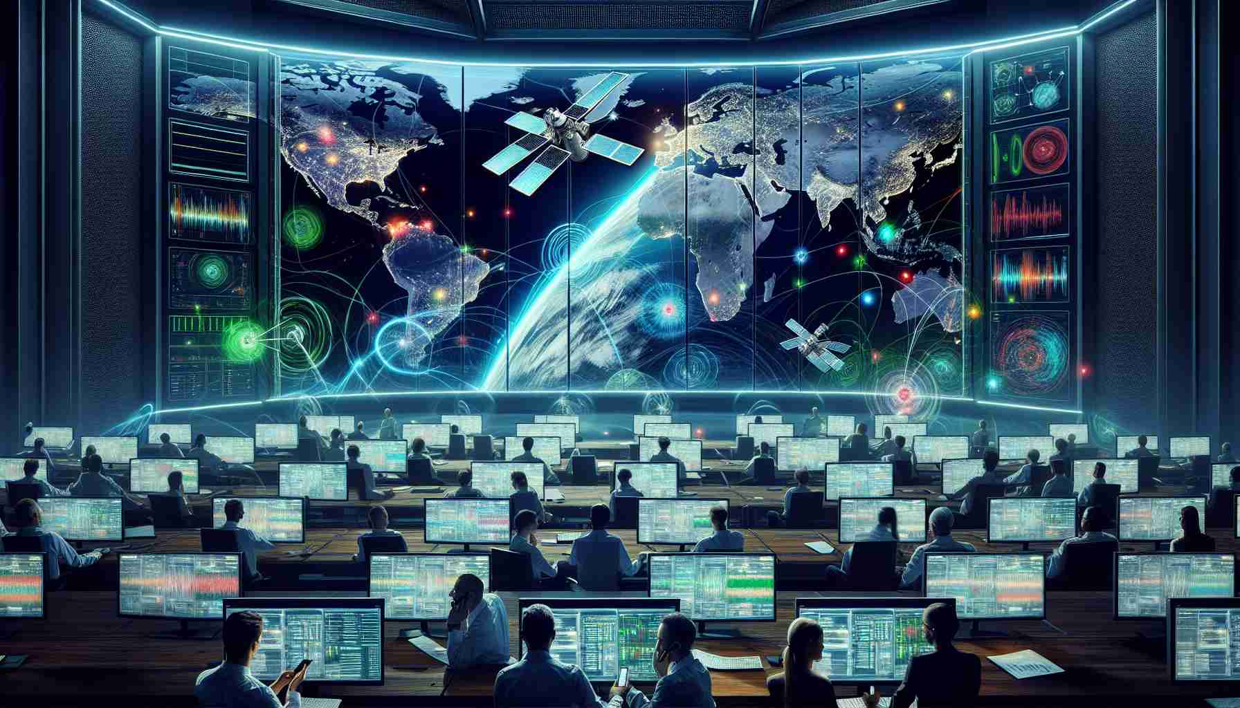 A high-definition image presenting the future of communications through the lens of satellite messaging. Picture an advanced control room filled with a diverse group of technicians monitoring screens showing geostationary satellites in Earth's orbit. Various signals portrayed as waves of different colors are being transmitted from the satellites, indicating the sending and receiving of messages. Some individuals in the room are engaging in conversations while others are carefully studying the data on the screens. The atmosphere in the room is tense yet hopeful as clear illustrations of how satellite messaging is revolutionizing the way we communicate.