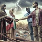 Generate a realistic HD image depicting the concept of support and guidance being available for those impacted by a recent storm. The scene might include different people from diverse descents, like a Middle-Eastern woman, a Hispanic man, and a South Asian man, offering hand to one another in a gesture of unity and support. The background may show the aftermath of a storm with broken trees and overcast weather.