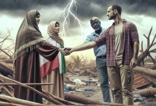 Generate a realistic HD image depicting the concept of support and guidance being available for those impacted by a recent storm. The scene might include different people from diverse descents, like a Middle-Eastern woman, a Hispanic man, and a South Asian man, offering hand to one another in a gesture of unity and support. The background may show the aftermath of a storm with broken trees and overcast weather.