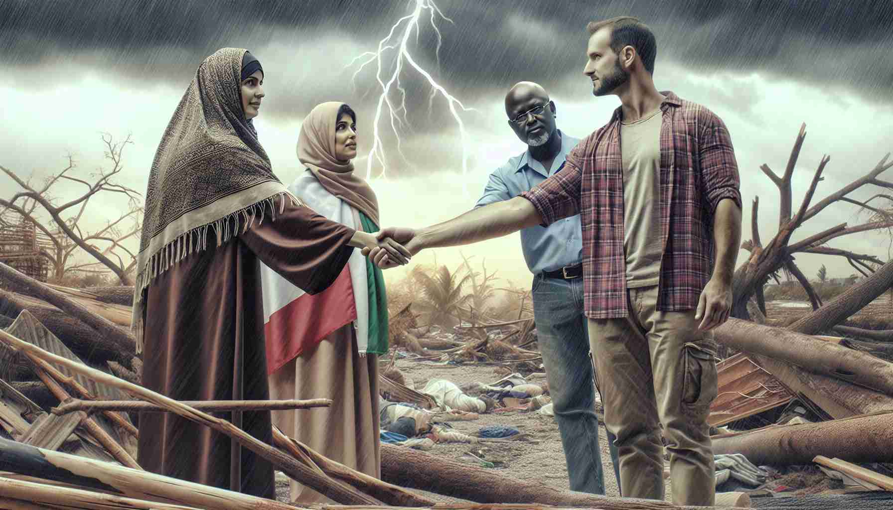 Generate a realistic HD image depicting the concept of support and guidance being available for those impacted by a recent storm. The scene might include different people from diverse descents, like a Middle-Eastern woman, a Hispanic man, and a South Asian man, offering hand to one another in a gesture of unity and support. The background may show the aftermath of a storm with broken trees and overcast weather.