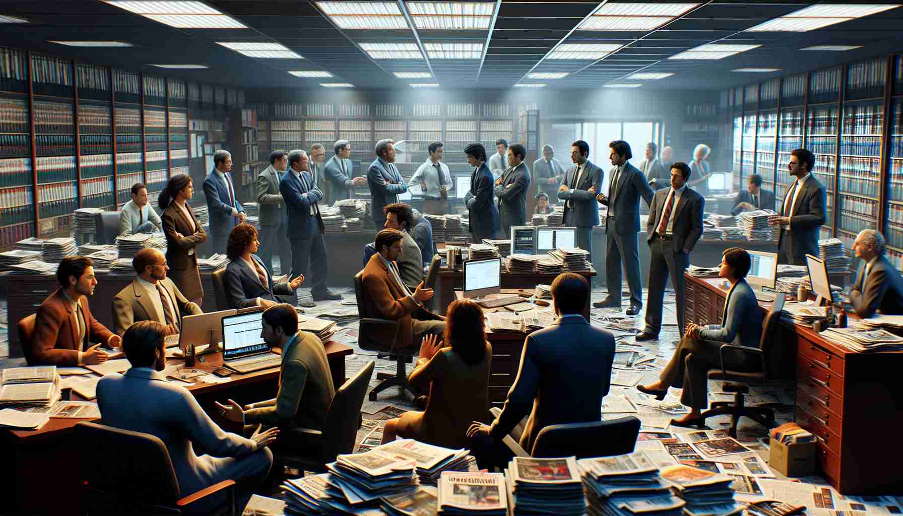 Realistic high-definition photo of a loaded moment that triggers heated debates at a major newspaper office. The scene features a group of diverse journalists and editors in a heated discussion. The room is filled with hard copies of previous editions, reference books, computers with multiple tabs open, and a whiteboard full of notes and deadlines. The ambience is intense and palpable, a clear indication of a controversial decision that has just been made.