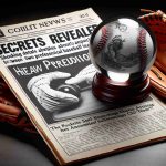 A detailed, high-definition representation of a fictitious news headline that reads 'Secrets Revealed: Shocking Details about an anticipated match between two anonymous professional baseball teams'. Along with it, display an image of two baseball gloves, each representing the teams, and a crystal ball symbolizing the predictions.