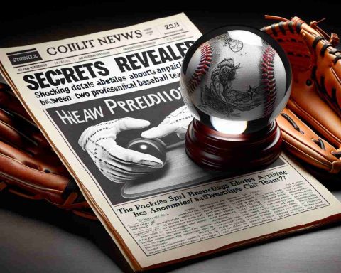 A detailed, high-definition representation of a fictitious news headline that reads 'Secrets Revealed: Shocking Details about an anticipated match between two anonymous professional baseball teams'. Along with it, display an image of two baseball gloves, each representing the teams, and a crystal ball symbolizing the predictions.