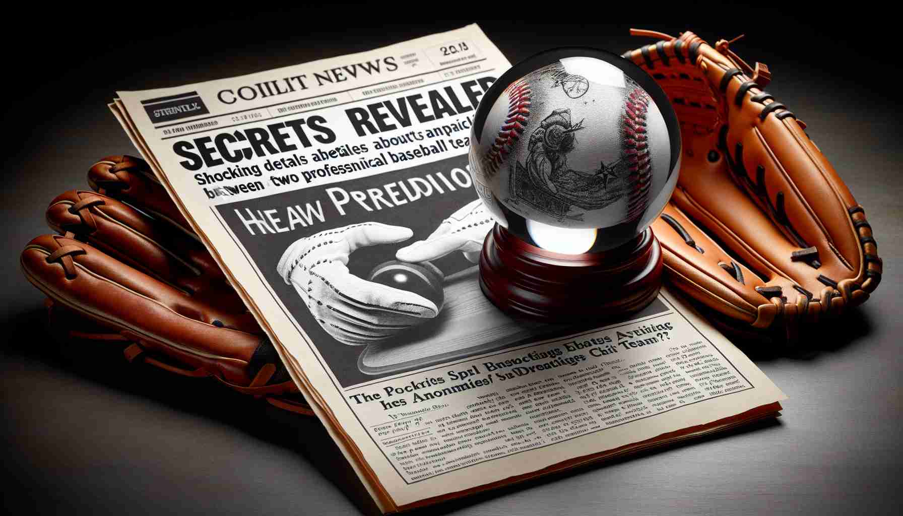 A detailed, high-definition representation of a fictitious news headline that reads 'Secrets Revealed: Shocking Details about an anticipated match between two anonymous professional baseball teams'. Along with it, display an image of two baseball gloves, each representing the teams, and a crystal ball symbolizing the predictions.