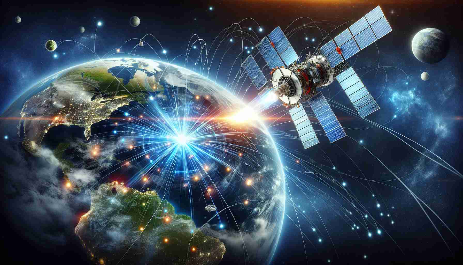 High definition, realistic image depicting the moment when new satellite technology revolutionizes global communications. In the center, a beautifully detailed and modern satellite hovers in the outer space with planet Earth in the background. Bright beams of information are being transmitted from the satellite, symbolizing real-time data exchange. Diverse data nodes scattered across continents on Earth signify various countries receiving information. Try to portray the dynamism and complexity of today's information technology.