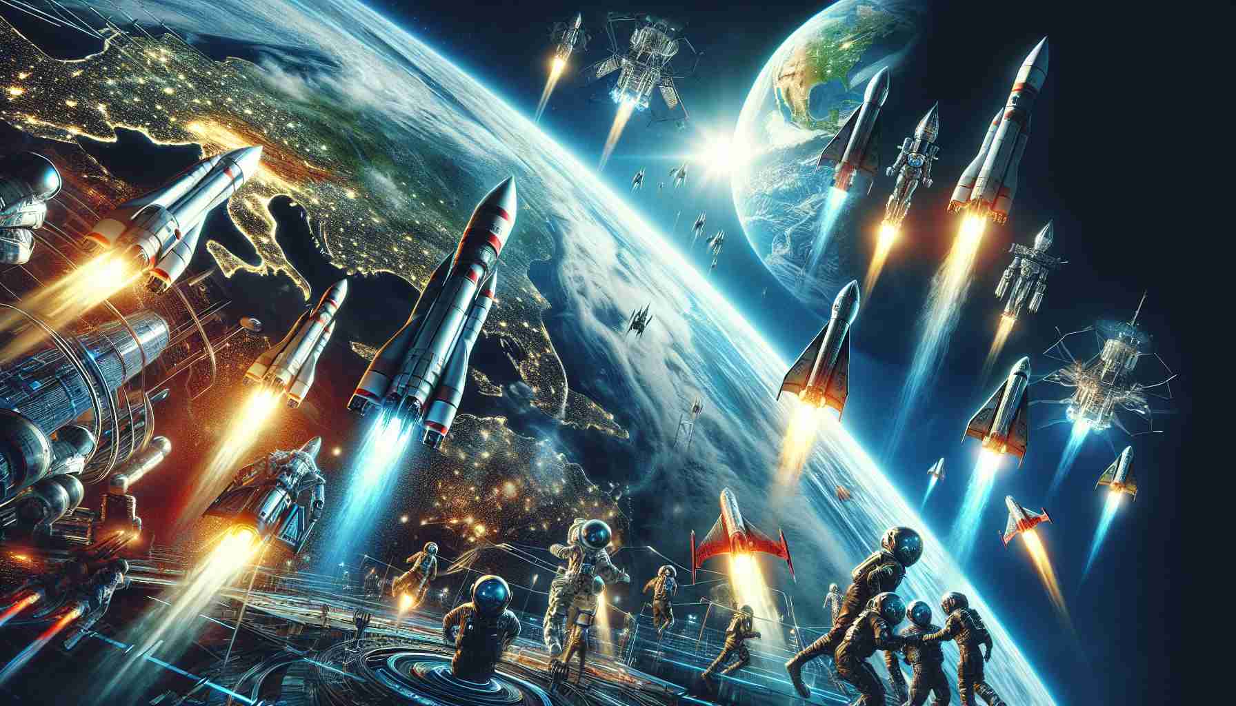 Generate a high-definition, realistic image portraying a fierce competition in global space race among several unidentified billionaires. The scene should emphatically depict high-tech rockets, advanced space gear, and a view of earth from space. The race to outer space depicted conveys a sense of urgency, excitement, innovation, and fierce rivalry.