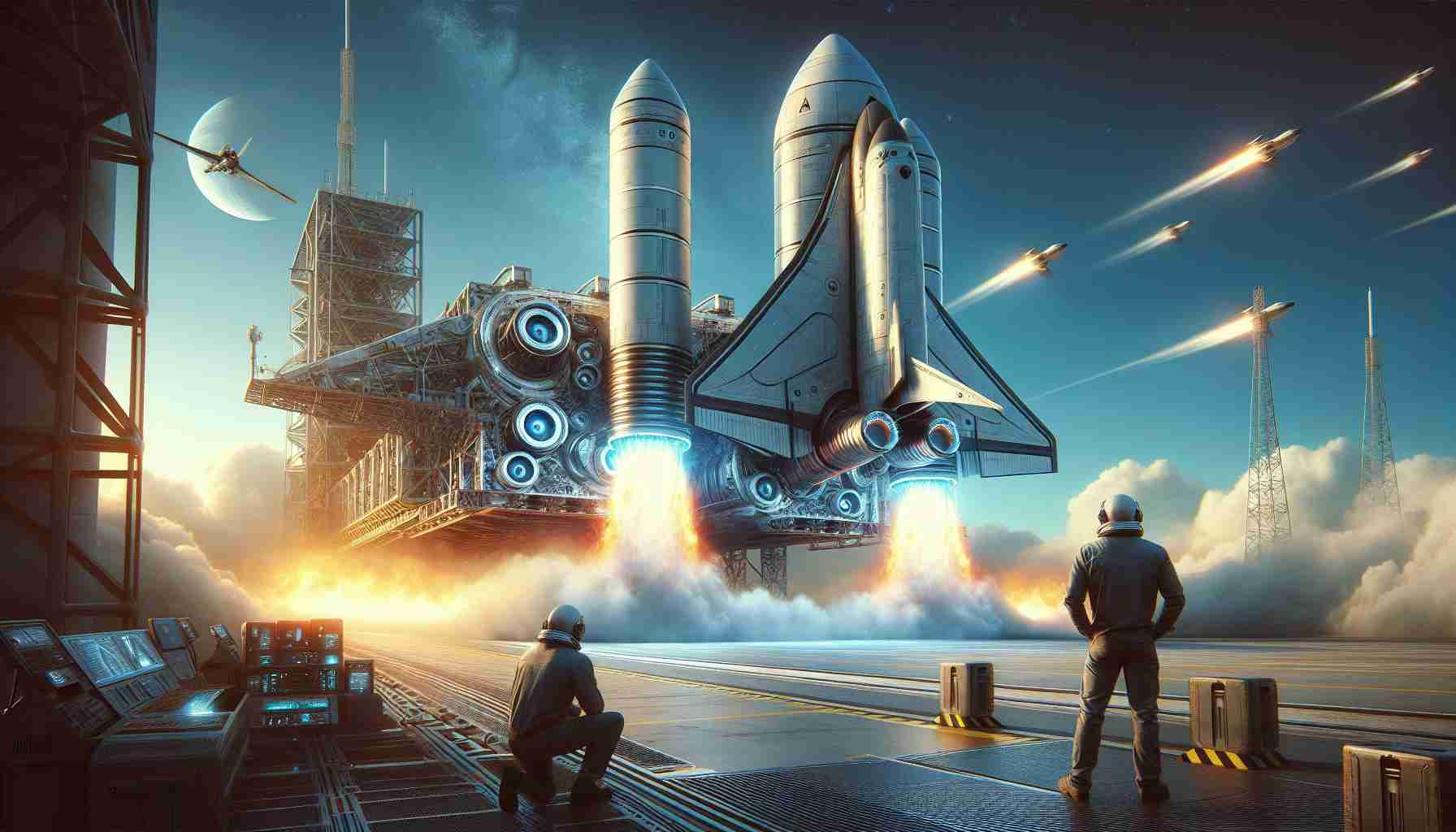 An ultra-high definition, realistic image capturing an exciting new chapter in the progress of a generic space exploration company's Starship test flight. Show a futuristic spacecraft on the launch pad, with thrusts of flame and smoke billowing from the engines. The azure sky suggests a perfect day for a test flight and engineers in the foreground are gazing at the ship with anticipation and hope. Portray the excitement of humankind's ongoing journey into the cosmos.