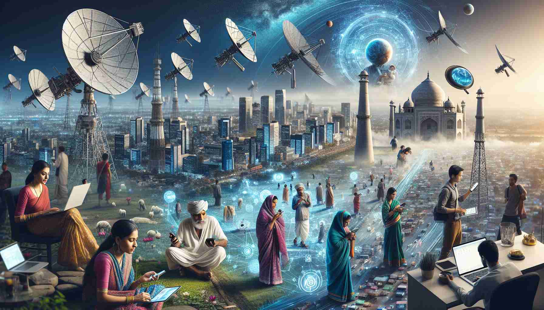 Create a realistic, high-resolution depiction showcasing the future of satellite connectivity in India. Include visuals of advanced satellites, densely populated urban areas with multiple devices connected wirelessly, as well as rural areas with individuals utilizing portable devices, showing an equal distribution of technology. Incorporate an array of diverse individuals such as a South Asian woman using mobile phone in a city, a Middle-Eastern man operating a laptop in the rural area, and include iconic Indian landmarks like the Taj Mahal and Lotus Temple to provide geographical context.