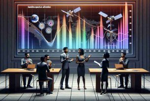 Visualize a realistic high-definition image of a metaphorical debate about satellite spectrum allocation. There are two groups, each standing on either side of a table. On one side, a South Asian woman and a Hispanic man are engaging in conversation, presenting charts and graphs showcasing their allocation ideas. The graphs represent the satellite spectrum allocation with varying colors symbolizing different frequencies. On the other side, a Middle-Eastern man and a Black woman are critically analyzing the information, also equipped with their set of allocation models. The environment should visualize the tension in this debate for equity.