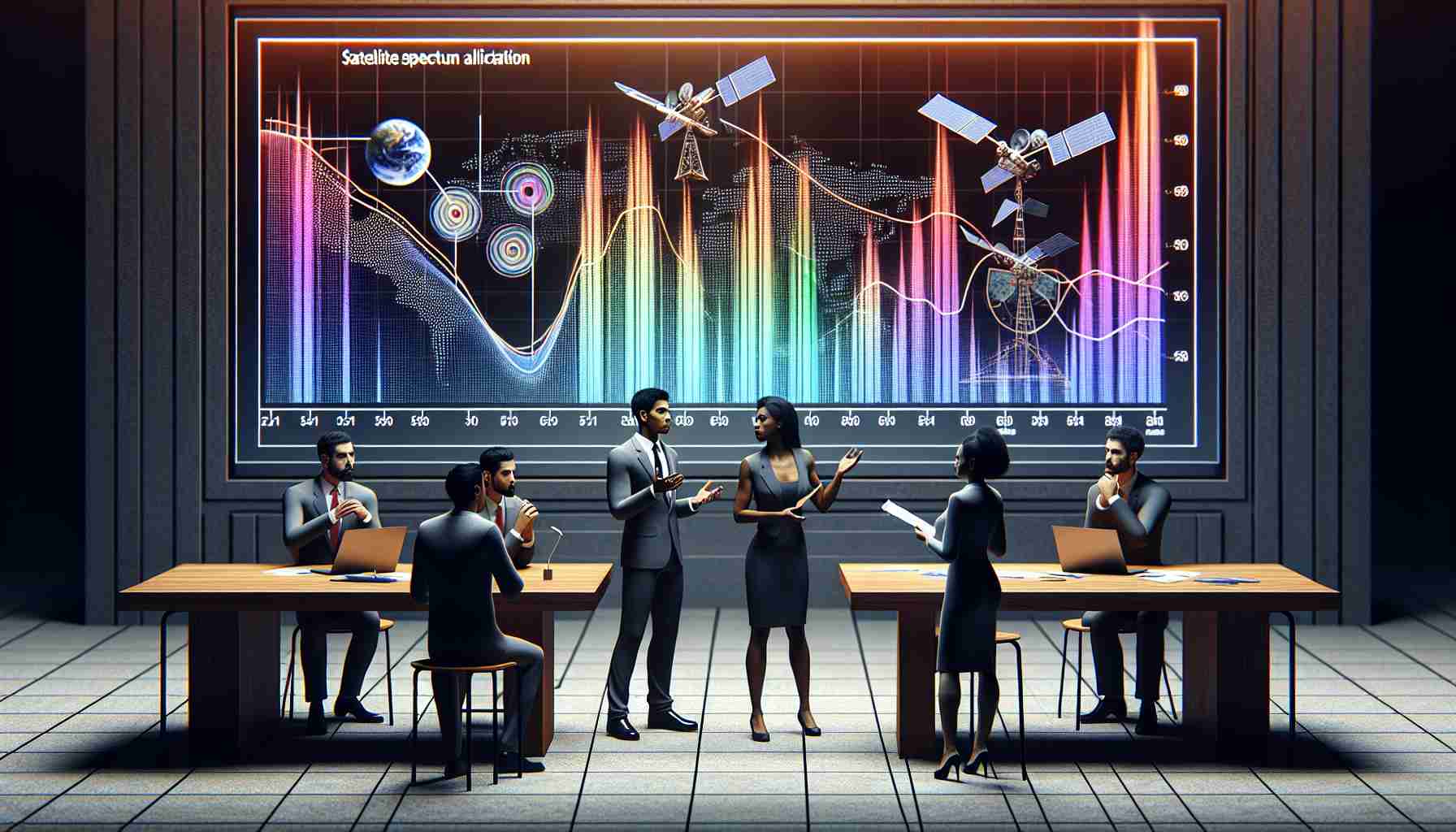 Visualize a realistic high-definition image of a metaphorical debate about satellite spectrum allocation. There are two groups, each standing on either side of a table. On one side, a South Asian woman and a Hispanic man are engaging in conversation, presenting charts and graphs showcasing their allocation ideas. The graphs represent the satellite spectrum allocation with varying colors symbolizing different frequencies. On the other side, a Middle-Eastern man and a Black woman are critically analyzing the information, also equipped with their set of allocation models. The environment should visualize the tension in this debate for equity.