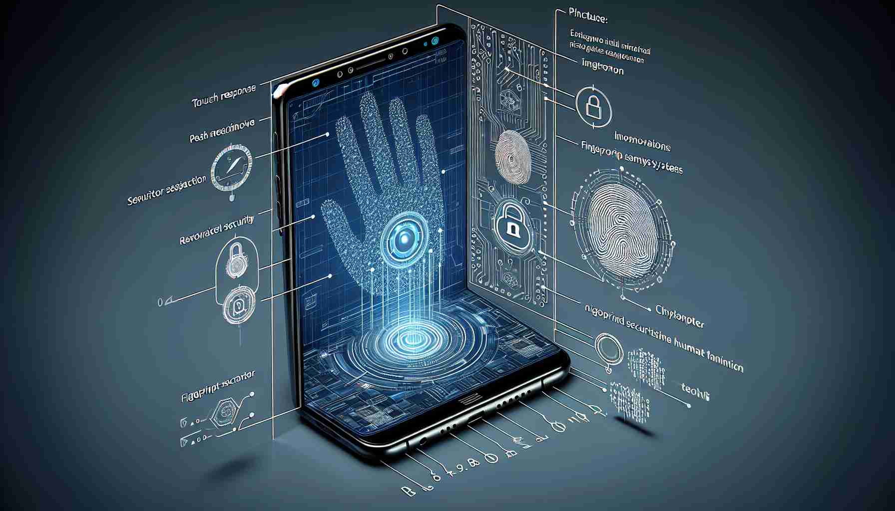 Illustration of a high-resolution, realistic image depicting the innovations of a modern, non-branded smartphone. The features to highlight include an enhanced touch response mechanism and advanced security systems. Picture the phone on a clean, minimalist table, with a schematic depiction of its touch screen responding to human fingers, alongside cryptographic symbols emanating from a fingerprint scanner, indicating superior security.