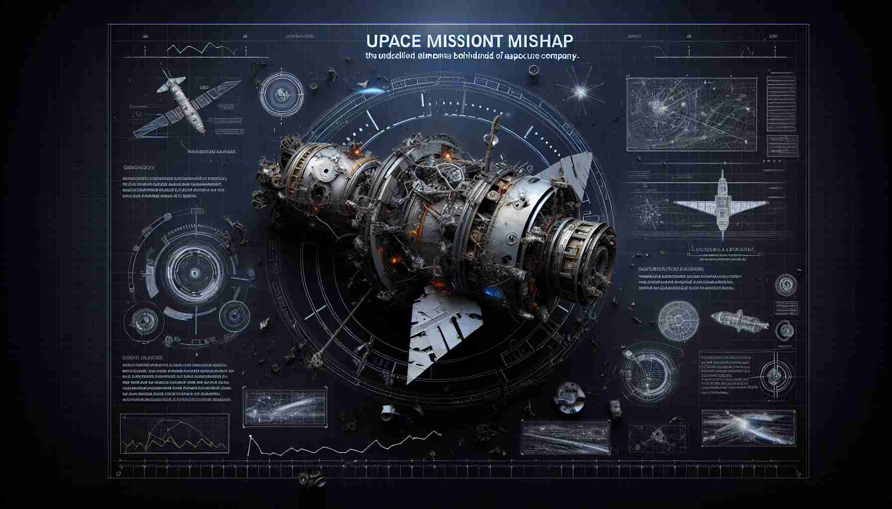 A realistic, high-definition image of the undisclosed elements behind a recent space mission mishap of a major aerospace company. The illustration should focus on the damaged parts of the spacecraft and intricate technical diagrams indicating what went wrong. Graphics and text notes explaining the anomalous event, like system failures or unwanted results during the mission, should also be included.