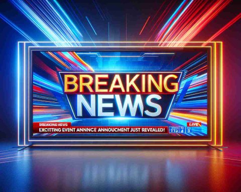 High-definition, realistic image of the break scene when a news channel is about to announce an exciting event. The screen should display the headline 'Breaking News: Exciting Event Announcement Just Revealed!' with vivid colors and dynamic graphic design elements. The image should evoke a sense of anticipation and urgency, embodying the overall spirit of breaking news coverage.