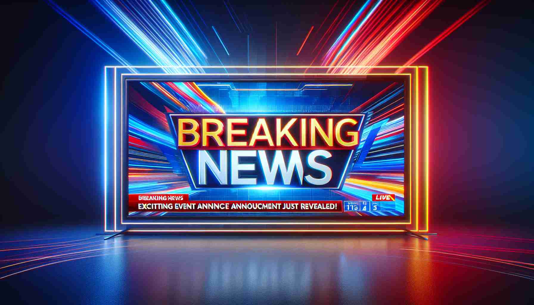 High-definition, realistic image of the break scene when a news channel is about to announce an exciting event. The screen should display the headline 'Breaking News: Exciting Event Announcement Just Revealed!' with vivid colors and dynamic graphic design elements. The image should evoke a sense of anticipation and urgency, embodying the overall spirit of breaking news coverage.