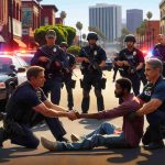 A high-definition, realistic image depicting a peaceful resolution to a standoff situation in an urban district. A diverse group of diligent police officers, both male and female, of Caucasian, Hispanic, Black, Middle-Eastern, and South Asian descent, successfully convincing the suspect to surrender. The setting is the El Segundo district with well-known building architecture in the background, during the sunny daytime. There are several police cars with flashing red and blue lights positioned around the scene, highlighting the tense atmosphere, yet calmer demeanor of the officers is obvious.