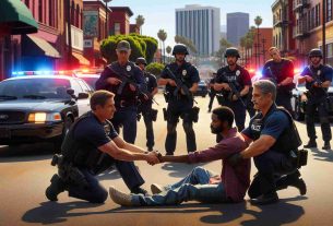 A high-definition, realistic image depicting a peaceful resolution to a standoff situation in an urban district. A diverse group of diligent police officers, both male and female, of Caucasian, Hispanic, Black, Middle-Eastern, and South Asian descent, successfully convincing the suspect to surrender. The setting is the El Segundo district with well-known building architecture in the background, during the sunny daytime. There are several police cars with flashing red and blue lights positioned around the scene, highlighting the tense atmosphere, yet calmer demeanor of the officers is obvious.