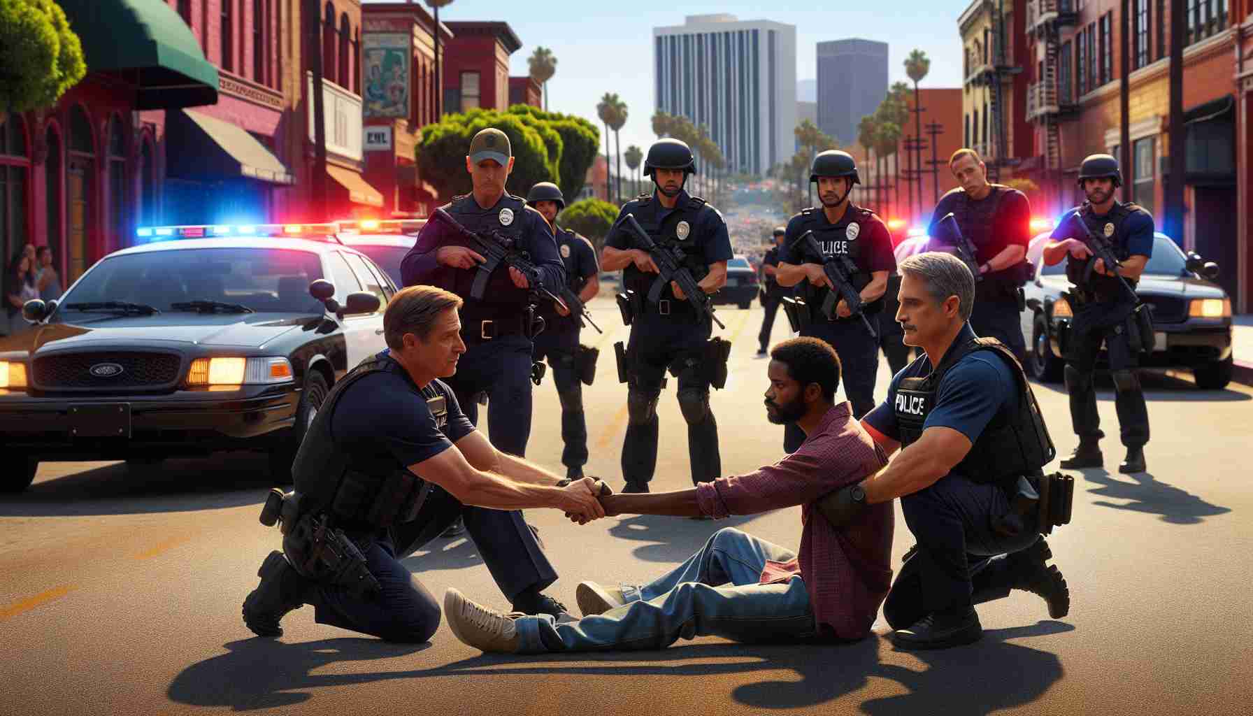 A high-definition, realistic image depicting a peaceful resolution to a standoff situation in an urban district. A diverse group of diligent police officers, both male and female, of Caucasian, Hispanic, Black, Middle-Eastern, and South Asian descent, successfully convincing the suspect to surrender. The setting is the El Segundo district with well-known building architecture in the background, during the sunny daytime. There are several police cars with flashing red and blue lights positioned around the scene, highlighting the tense atmosphere, yet calmer demeanor of the officers is obvious.