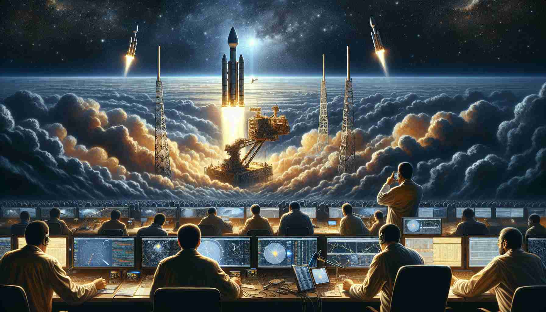 A detailed, high-definition artistic rendition of a significant moment where Iran and Russia collaborate on a space mission. Depict two satellites being launched into space, soaring through the clouds into the vast blanket of stars. Be sure to capture the frenzy and excitement on the ground at the mission control center, a mixture of engineers and scientists of Middle-Eastern and Slavic descent, dutifully monitoring the progress of the launch. The scene is suffused with high-tech equipment, lights flickering with data, charts and graphs providing crucial feedback while the scientists and engineers are anxiously overseeing the operations.