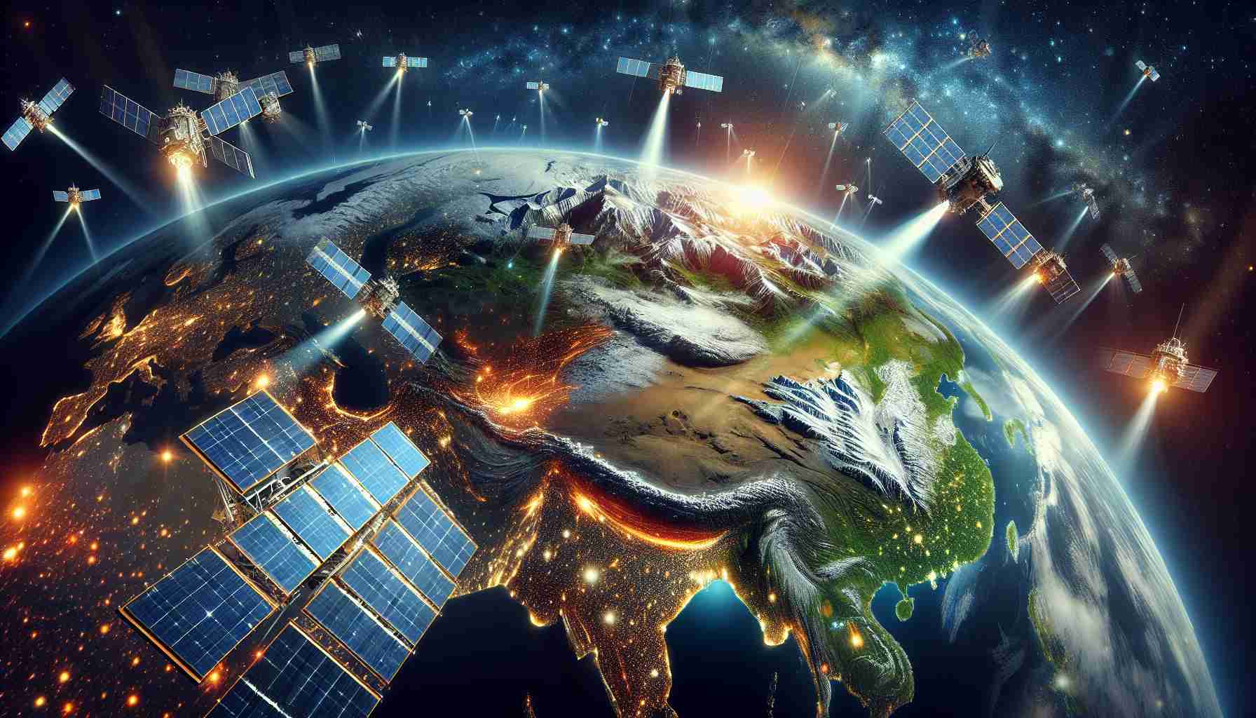 Represent a detailed high-definition concept of the revolution in environmental monitoring using space technology. Illustrate a plethora of advanced satellites orbiting Earth, with focused beams of light scanning diverse landscapes including mountains, forests, oceans, and cities. Visualize state-of-the-art panels, sensors, and transmitters on these satellites. The Earth below should glow with life - dark, deep oceans, green, lush forests, snowy, rugged mountains, and bustling, bright cities. The background encapsulates the vastness of space, accentuated by distant stars and galaxies.