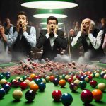 High definition image portraying a surprising occurrence at a snooker game. The scene should depict vivid emotions of shock and disbelief among the players and spectators alike. The critical moment centres around the snooker table with all its colored balls in disarray, signifying an unpredicted turn of events.