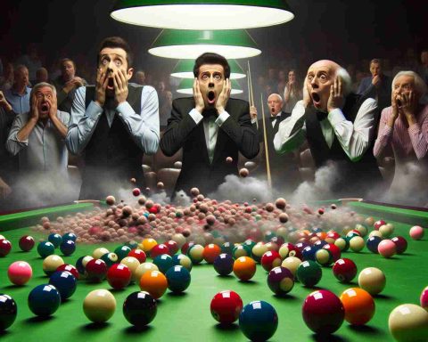 High definition image portraying a surprising occurrence at a snooker game. The scene should depict vivid emotions of shock and disbelief among the players and spectators alike. The critical moment centres around the snooker table with all its colored balls in disarray, signifying an unpredicted turn of events.