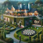 Create a realistic HD image that depicts the hidden world behind the mansion of a famous professional darts player. Portray an extravagant house with lush landscaping, and secret features such as hidden rooms and underground passages. Emphasize luxury, mystery, and the opulent lifestyle led by such successful athletes.