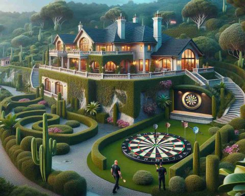 Create a realistic HD image that depicts the hidden world behind the mansion of a famous professional darts player. Portray an extravagant house with lush landscaping, and secret features such as hidden rooms and underground passages. Emphasize luxury, mystery, and the opulent lifestyle led by such successful athletes.