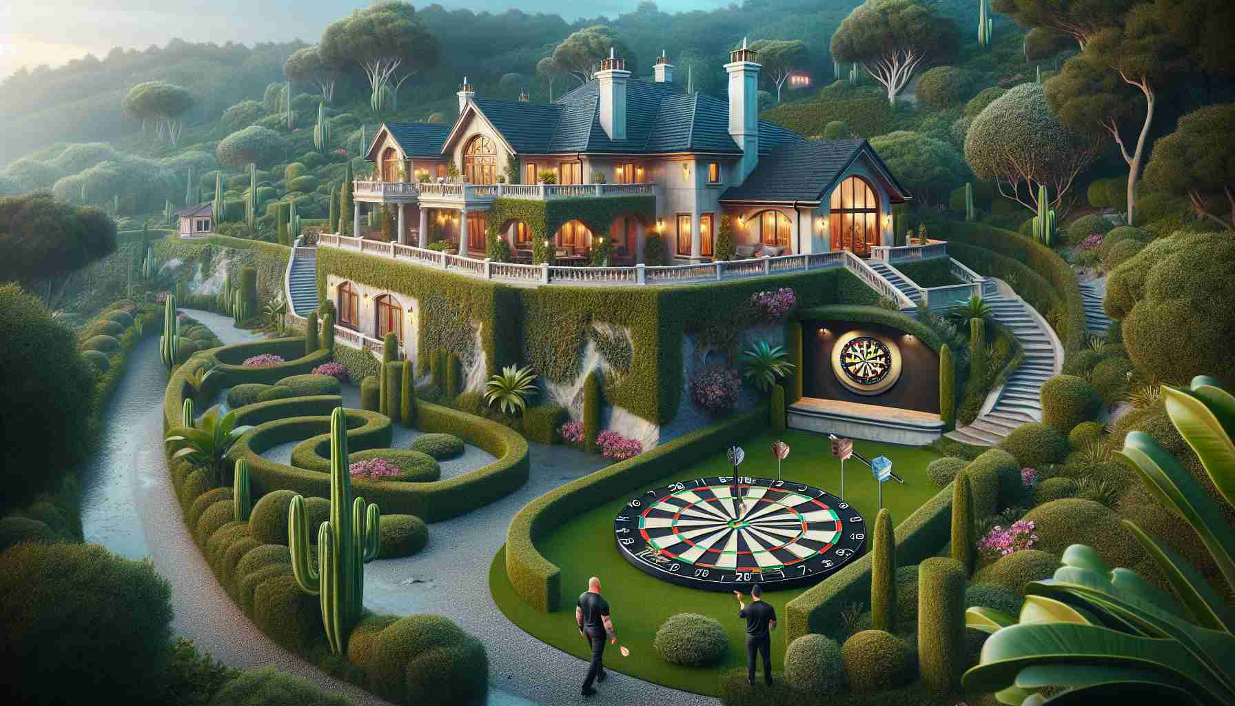 Create a realistic HD image that depicts the hidden world behind the mansion of a famous professional darts player. Portray an extravagant house with lush landscaping, and secret features such as hidden rooms and underground passages. Emphasize luxury, mystery, and the opulent lifestyle led by such successful athletes.