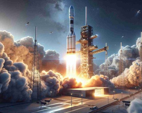 High-definition, photorealistic image of a modern, private aerospace company launching a groundbreaking satellite with innovative features into the clear, blue sky. The image should depict a roaring rocket encapsulating the spacecraft as it starts its journey beyond Earth's atmosphere. Smoke and fire are billowing out from the rocket's engines, while the ultramodern ground station in the foreground witnesses this historic event.