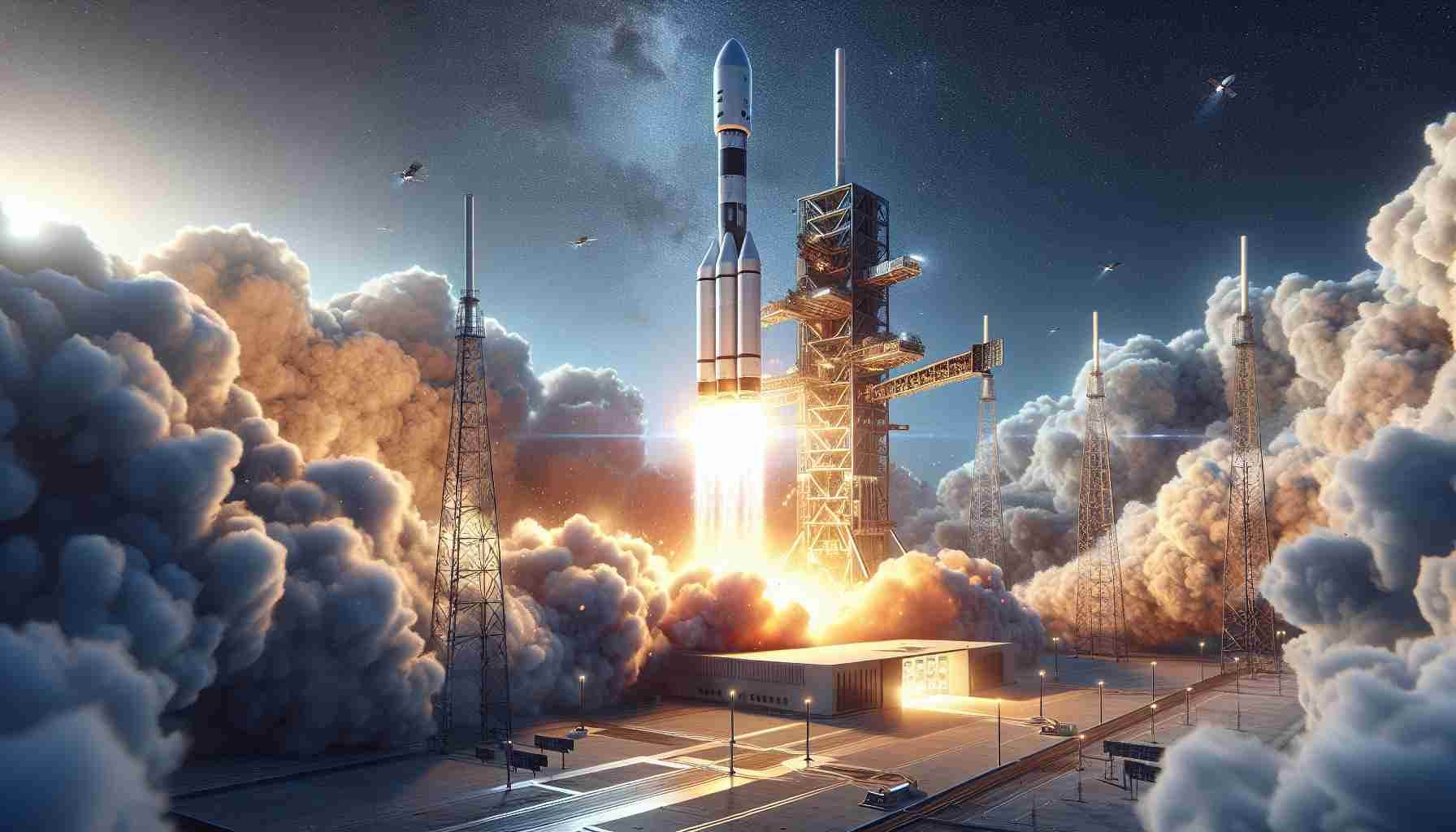 High-definition, photorealistic image of a modern, private aerospace company launching a groundbreaking satellite with innovative features into the clear, blue sky. The image should depict a roaring rocket encapsulating the spacecraft as it starts its journey beyond Earth's atmosphere. Smoke and fire are billowing out from the rocket's engines, while the ultramodern ground station in the foreground witnesses this historic event.