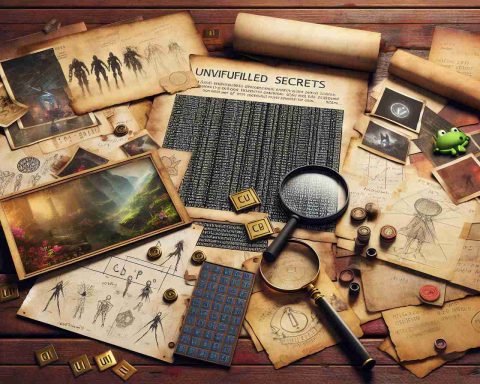 An ultra-high definition, realistic image illustrating the concept of unveiling secrets related to an unfulfilled legendary video game that got cancelled. This includes evidence like conceptual art of characters and locations, worn-out design sketches, and hexadecimal code snippets, all scattered across a wooden vintage table.