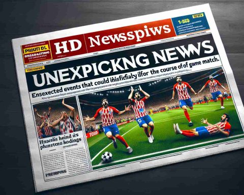 Generate an image depicting an HD newspaper headline revealing shocking news just before an important sports match. The front page should detail unexpected events that could significantly alter the course of the game, with impressive photographs and eye-catching sub-headlines. It's printed on high-quality glossy paper with crisp, clear text and a layout that draws attention to the breaking news.