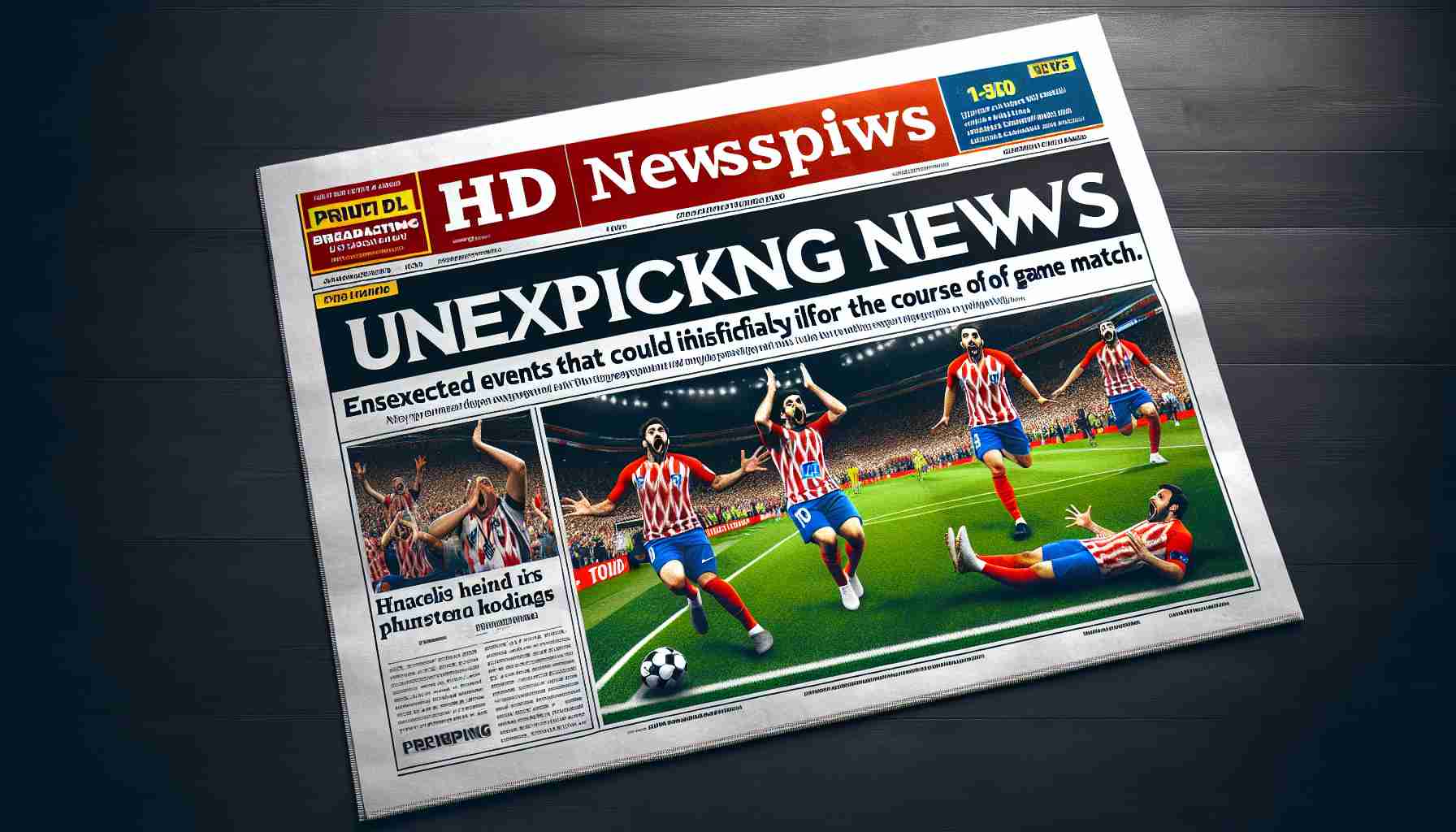 Generate an image depicting an HD newspaper headline revealing shocking news just before an important sports match. The front page should detail unexpected events that could significantly alter the course of the game, with impressive photographs and eye-catching sub-headlines. It's printed on high-quality glossy paper with crisp, clear text and a layout that draws attention to the breaking news.