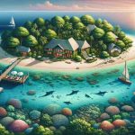 Illustration of a secret island getaway. The island is lush and green with a variety of tropical plants and trees. At the center, there's a luxurious but subtle beach house designed with earth tones blending into the surrounding nature. The sandy beach is pristine, meeting crystal clear waters filled with corals. Dolphins can be seen jumping in and out of the crystal clear water in the distance. There's a small wooden jetty extending into the sea, and a sailing boat tied to it. The sky is adorned with hues of a stunning sunset painting a picture of serenity and beauty.