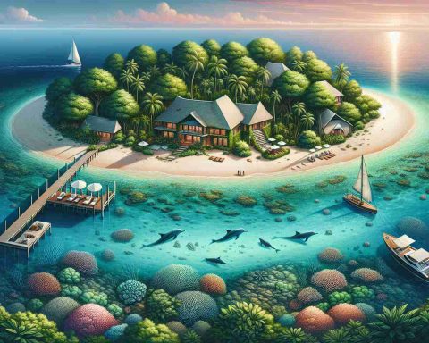 Illustration of a secret island getaway. The island is lush and green with a variety of tropical plants and trees. At the center, there's a luxurious but subtle beach house designed with earth tones blending into the surrounding nature. The sandy beach is pristine, meeting crystal clear waters filled with corals. Dolphins can be seen jumping in and out of the crystal clear water in the distance. There's a small wooden jetty extending into the sea, and a sailing boat tied to it. The sky is adorned with hues of a stunning sunset painting a picture of serenity and beauty.