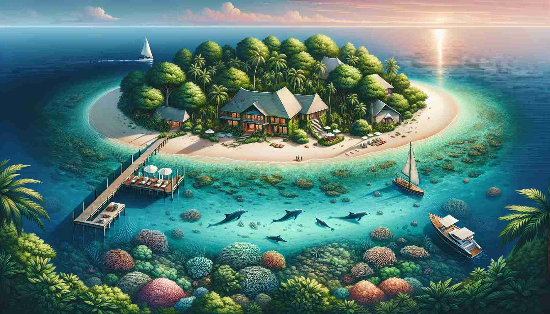 Illustration of a secret island getaway. The island is lush and green with a variety of tropical plants and trees. At the center, there's a luxurious but subtle beach house designed with earth tones blending into the surrounding nature. The sandy beach is pristine, meeting crystal clear waters filled with corals. Dolphins can be seen jumping in and out of the crystal clear water in the distance. There's a small wooden jetty extending into the sea, and a sailing boat tied to it. The sky is adorned with hues of a stunning sunset painting a picture of serenity and beauty.