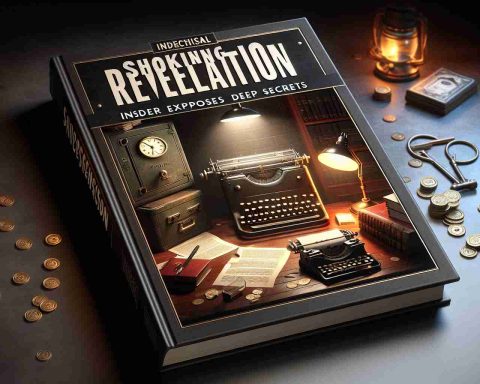 A realistic, high-definition image of the cover of a fictional book titled 'Shocking Revelation: Insider Exposes Deep Secrets'. The cover imagery suggests clandestine activities, featuring a dimly lit room, a desk with scattered documents, a vintage typewriter, and a glowing lamp. An open safe is in the background with mysterious shadows around it. Include elements of surprise and suspense to arouse intrigue.