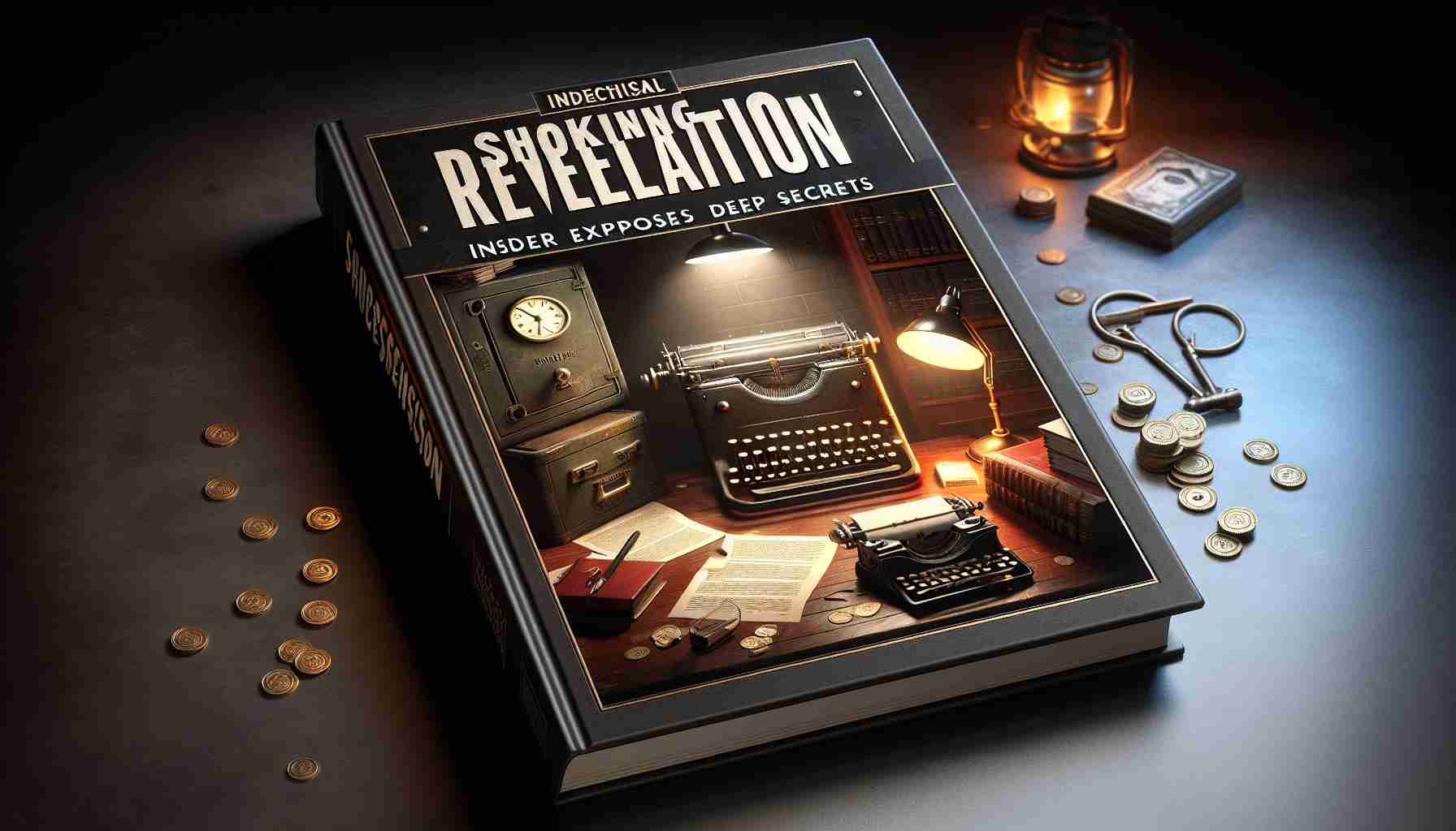 A realistic, high-definition image of the cover of a fictional book titled 'Shocking Revelation: Insider Exposes Deep Secrets'. The cover imagery suggests clandestine activities, featuring a dimly lit room, a desk with scattered documents, a vintage typewriter, and a glowing lamp. An open safe is in the background with mysterious shadows around it. Include elements of surprise and suspense to arouse intrigue.