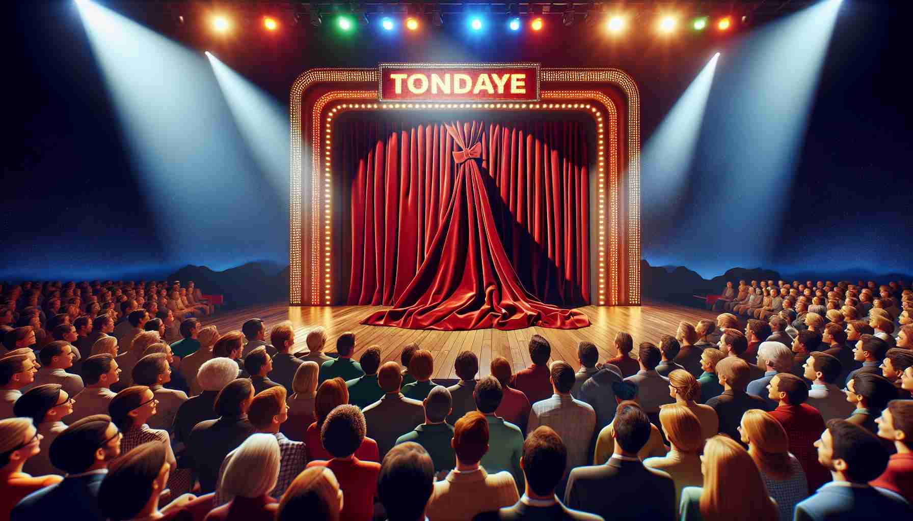 Realistic high-definition image displaying the moment of unveiling the secret word for today's puzzle. It captures the tension and excitement, with the word hidden beneath a dramatic red velvet curtain about to be pulled back. Spectators huddle together in anticipation, eyes wide and bright while their fingers clutch onto their guessing sheets. The set design could be reminiscent of a classic gameshow, with colorful spotlights illuminating the stage and a large, exciting display board where the secret word will be revealed.