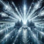 An ultra high-definition rendering of a sight that could be described as 'Shockwaves at the Ice Palace: Unseen Stars Unleashed'. Enigmatic waves of energy spreading out from a single focal point within a magnificent palace constructed entirely out of crystal-clear ice. The waves of energy causing unseen stars to flicker into view, adding a mystical element to the scene.