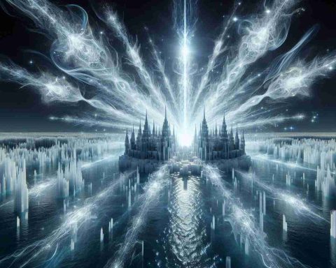 An ultra high-definition rendering of a sight that could be described as 'Shockwaves at the Ice Palace: Unseen Stars Unleashed'. Enigmatic waves of energy spreading out from a single focal point within a magnificent palace constructed entirely out of crystal-clear ice. The waves of energy causing unseen stars to flicker into view, adding a mystical element to the scene.