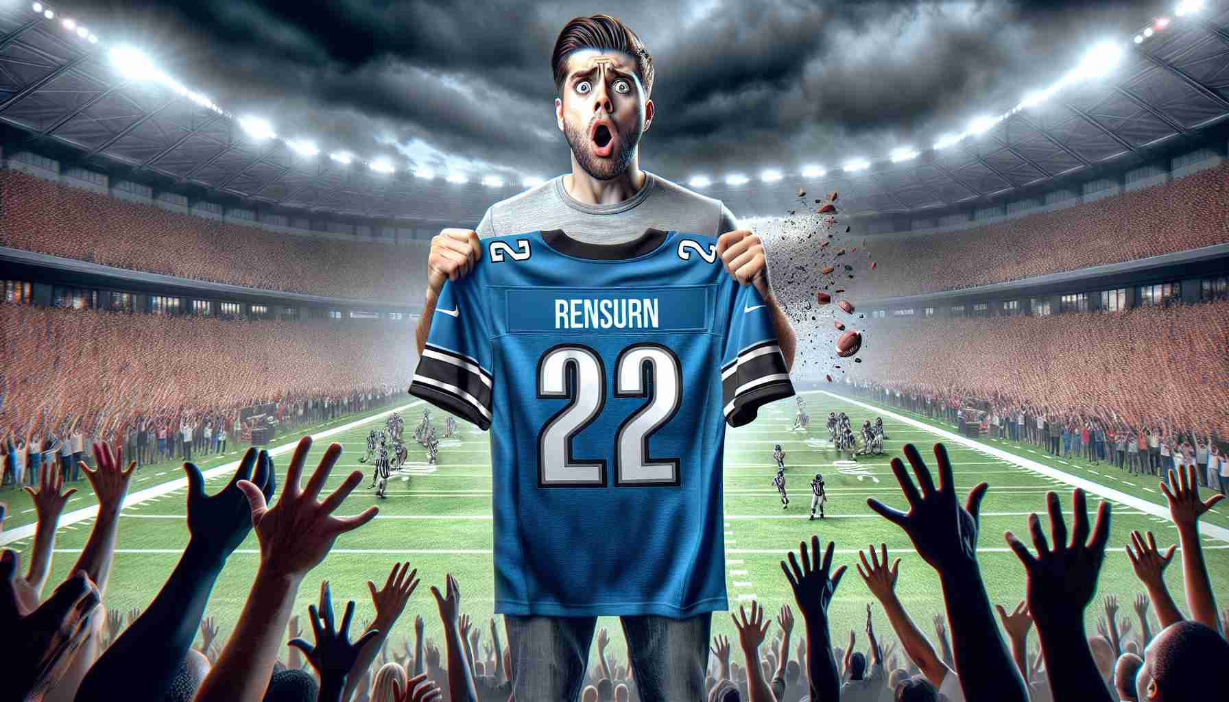 A realistic high-definition image illustrating a surprising turn of events in the career of a top-tier football player, emphasizing an unforeseen change in team affiliation. The image could display the athlete, emotion evident on their face, holding a jersey of the new team while standing in the middle of a lush football stadium filled with a mix of shocked and cheering audience. No specific football player, team or league is directly revealed or implied.