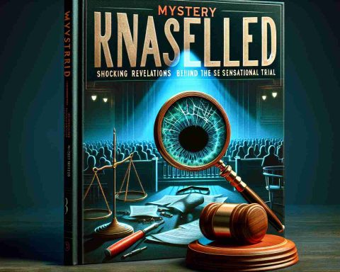 A detailed, high-definition image of the cover of an imaginary book titled 'Mystery Unraveled: Shocking Revelations Behind the Sensational Trial'. The cover has vivid, suspenseful visual elements typical of crime novels: a magnifying glass highlighting obscured legal documents, dark shadows stretching across a dimly lit courtroom, and a gavel in the foreground symbolizing justice. The title is in bold, large letters with a dramatic font.